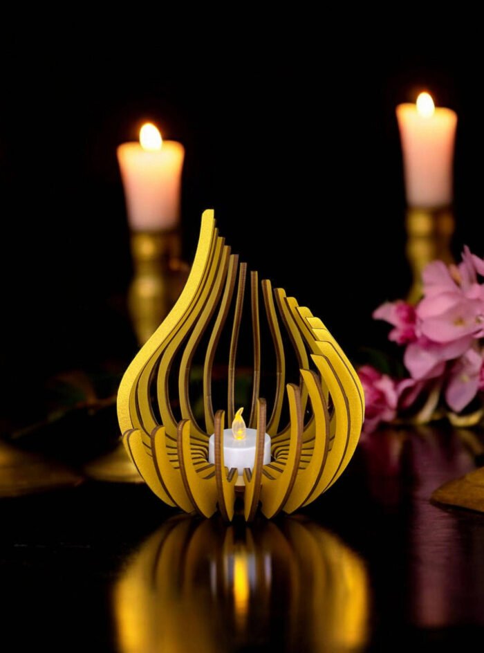 photophore spirale bois peint or ambiance bougies fleurs roses