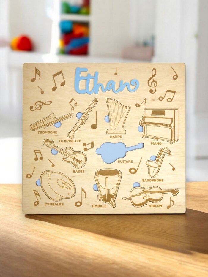 puzzle personnalise enfant instruments de musique fond bleu pastel chambre enfant